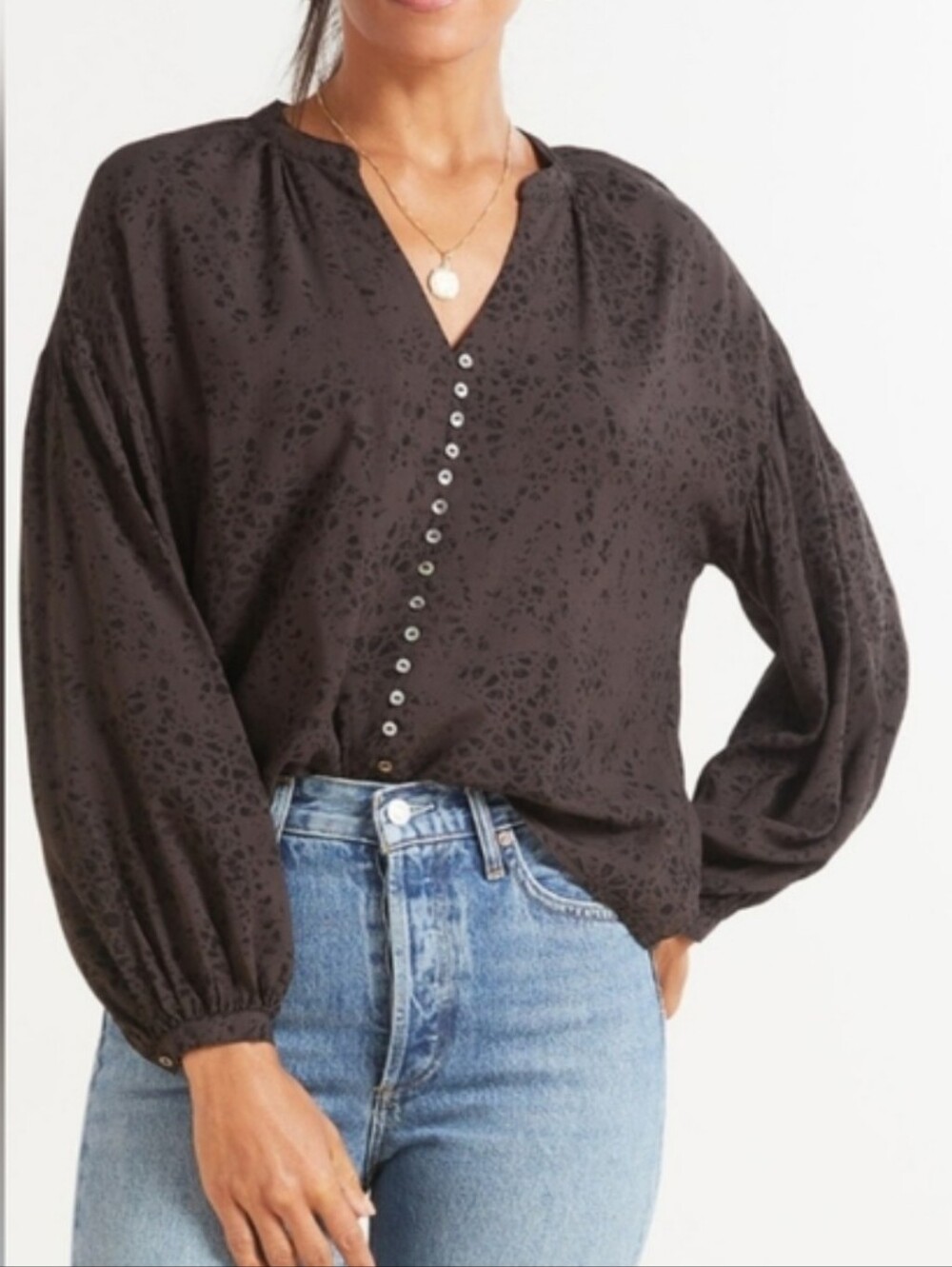 Z Supply Black Mazzy Stamped Faux Button-Down V-Neck Blouse